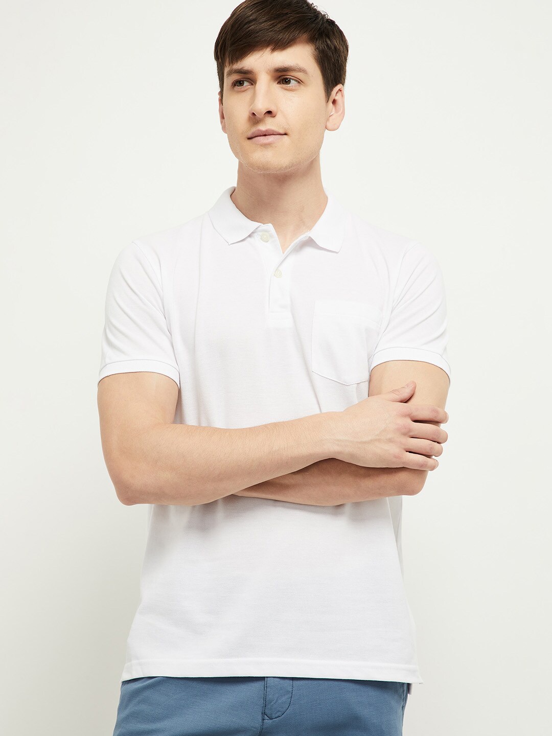 

max Men White Polo Collar T-shirt