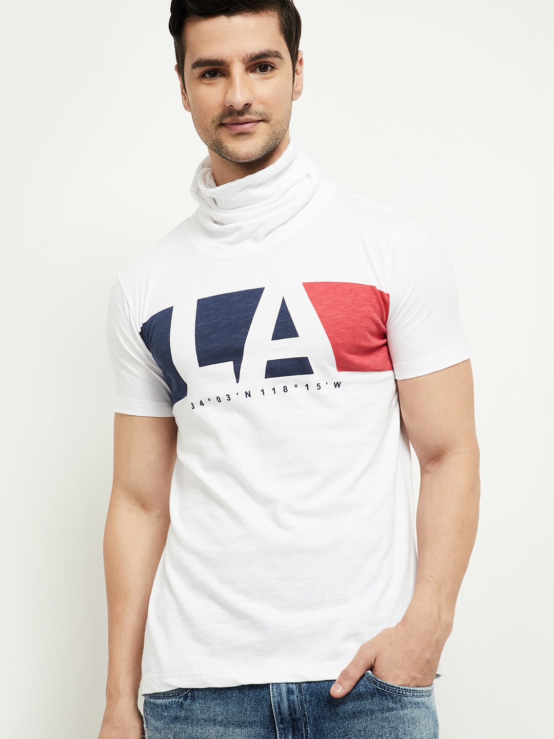

max Men White Printed High Neck T-shirt