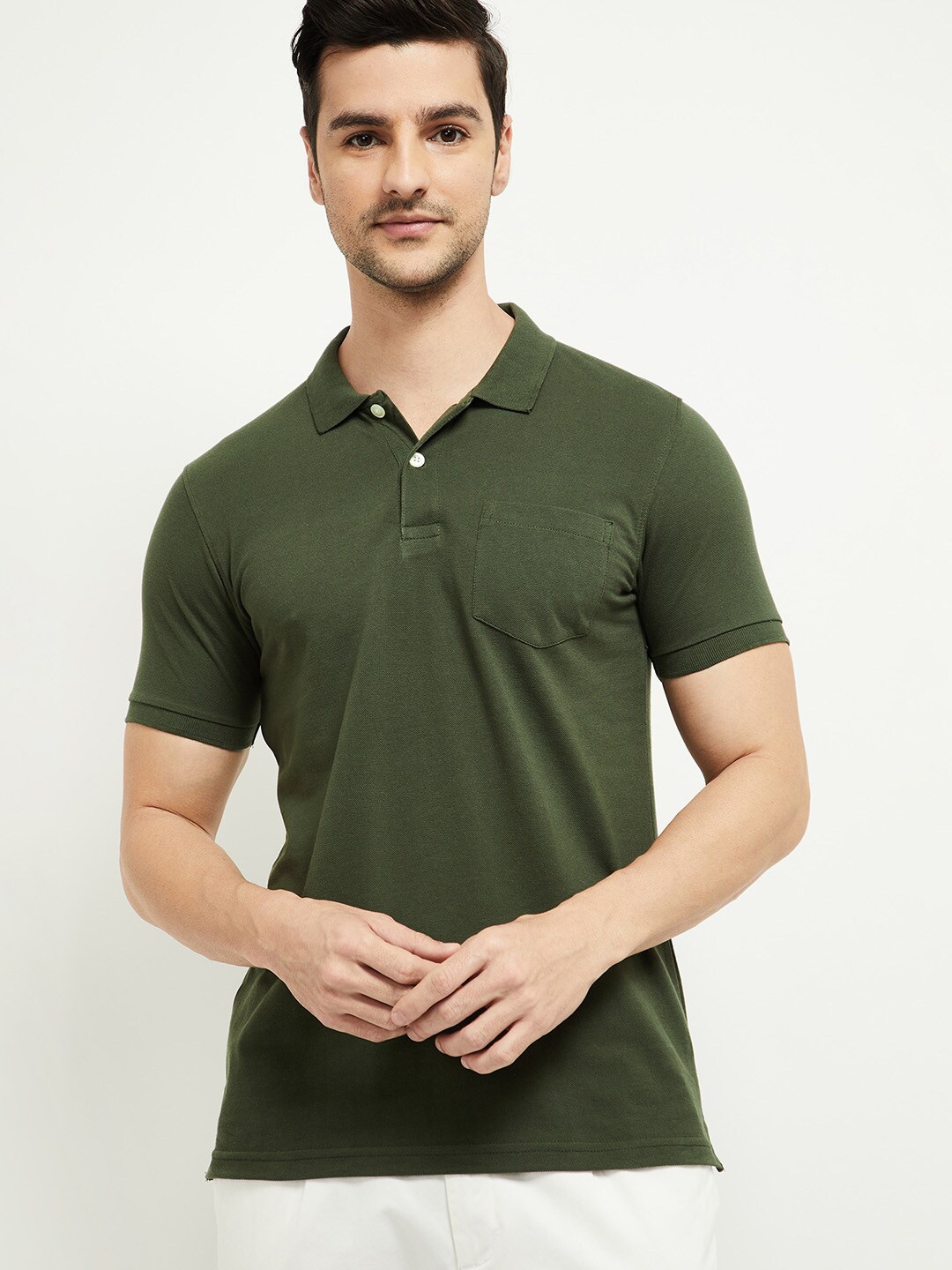 

max Men Green Polo Collar T-shirt