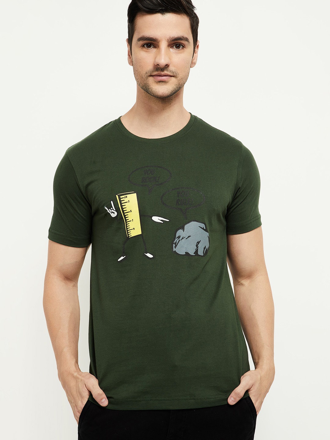 

max Men Green Printed Applique T-shirt