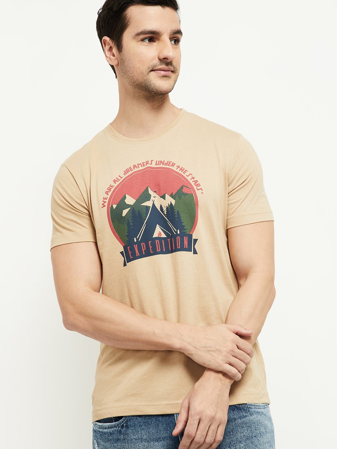 

max Men Brown Printed T-shirt