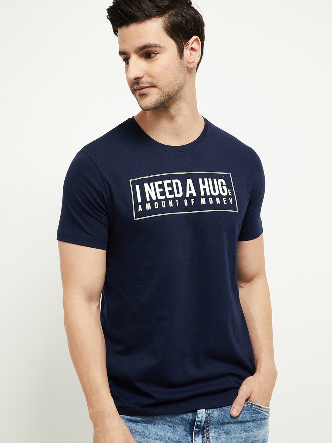 max Men Navy Blue Typography Printed T-shirt
