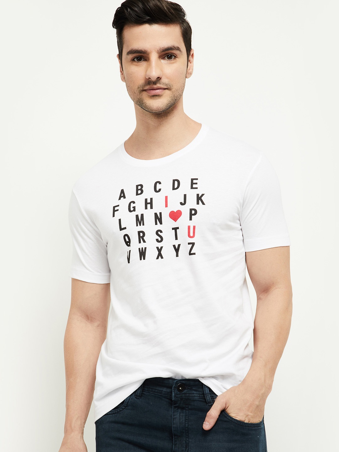 

max Men White Typography Printed Cotton T-shirt