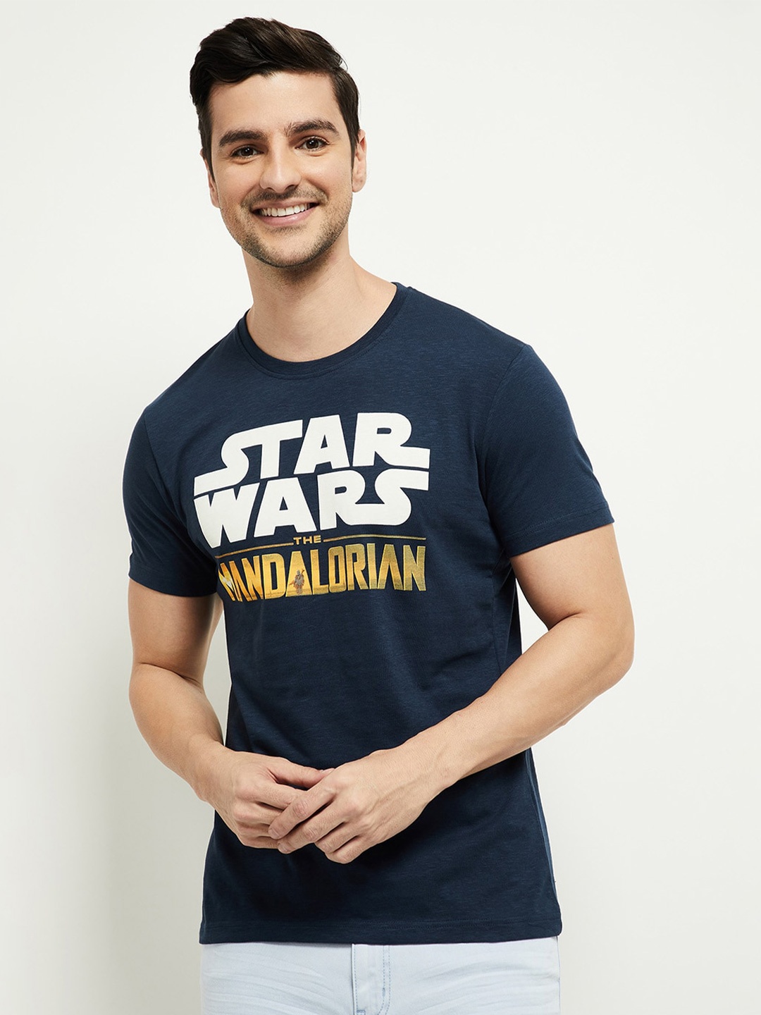 

max Men Navy Blue Typography Printed T-shirt