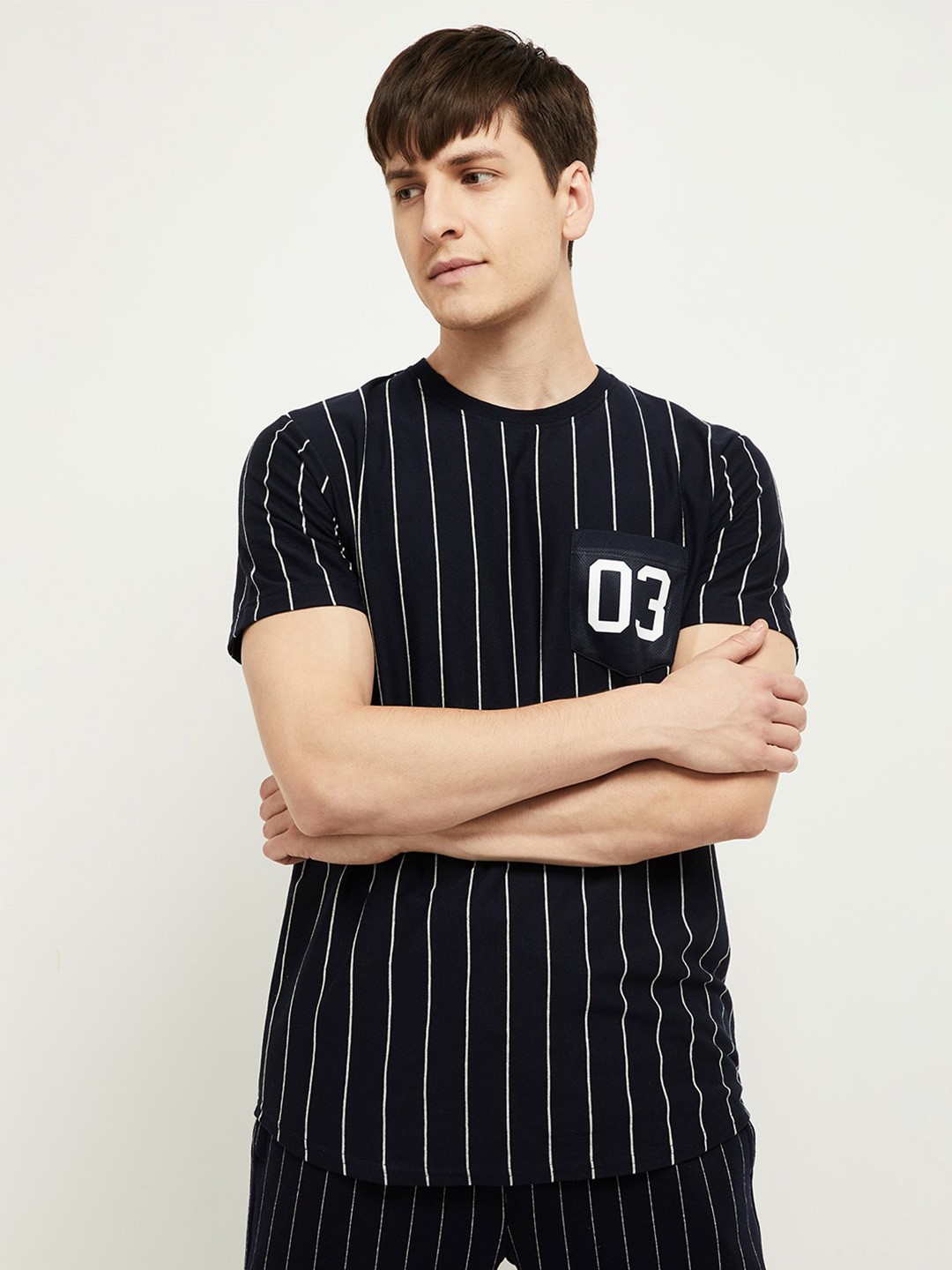 

max Men Navy Blue Striped T-shirt