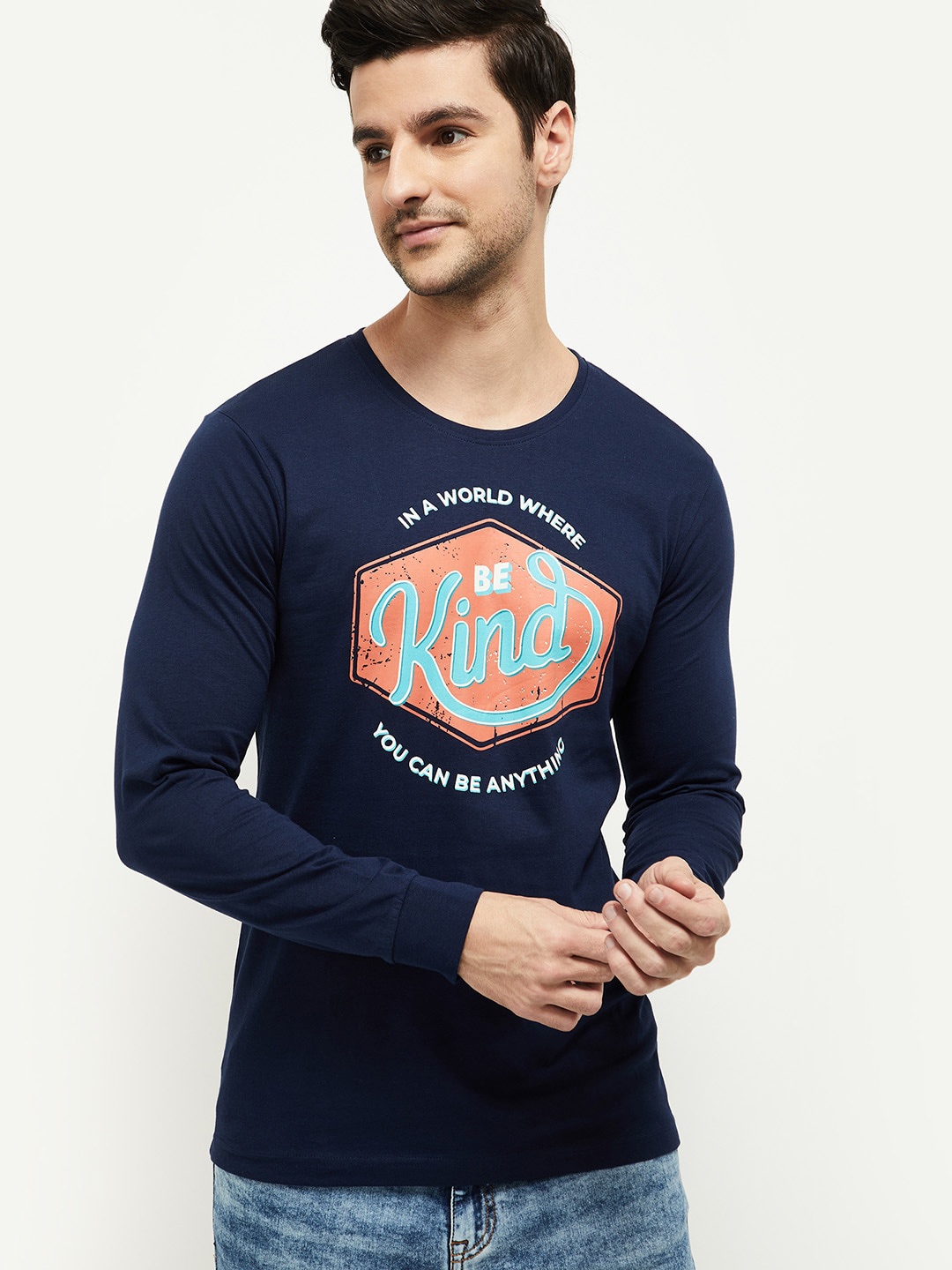 

max Men Navy Blue Typography Printed Pure Cotton T-shirt