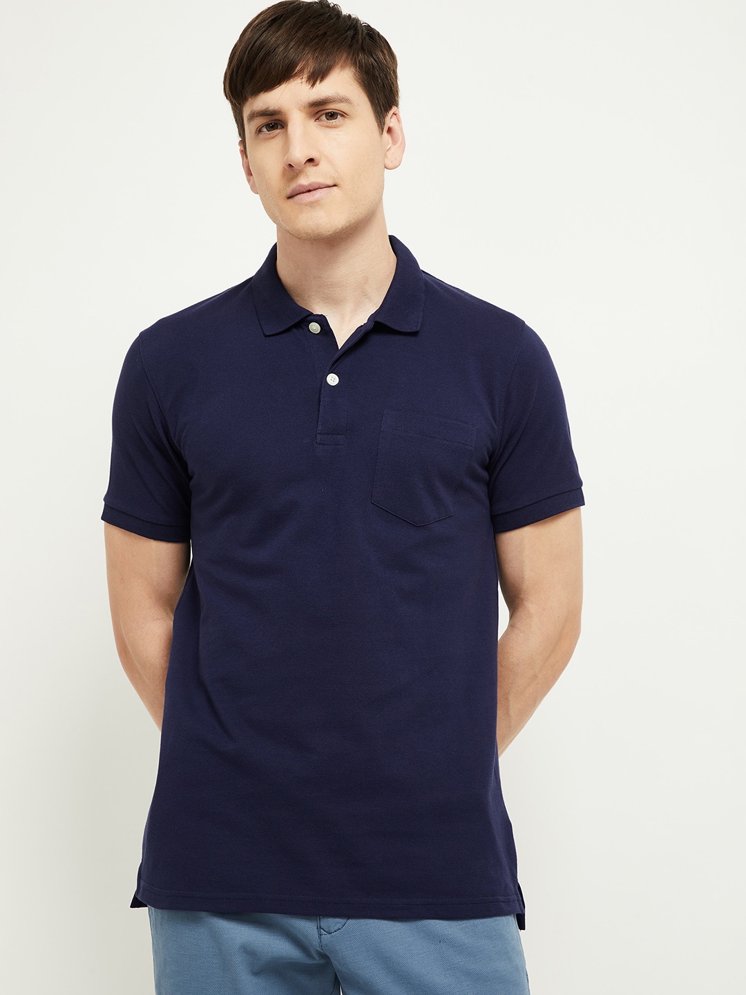 

max Men Navy Blue Polo Collar T-shirt