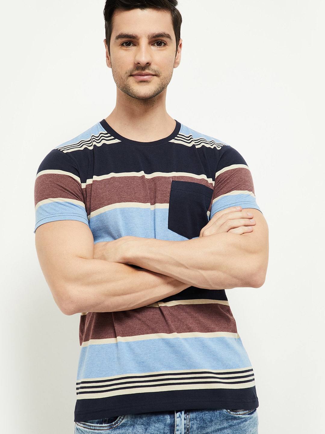 

max Men Navy Blue & Maroon Striped T-shirt