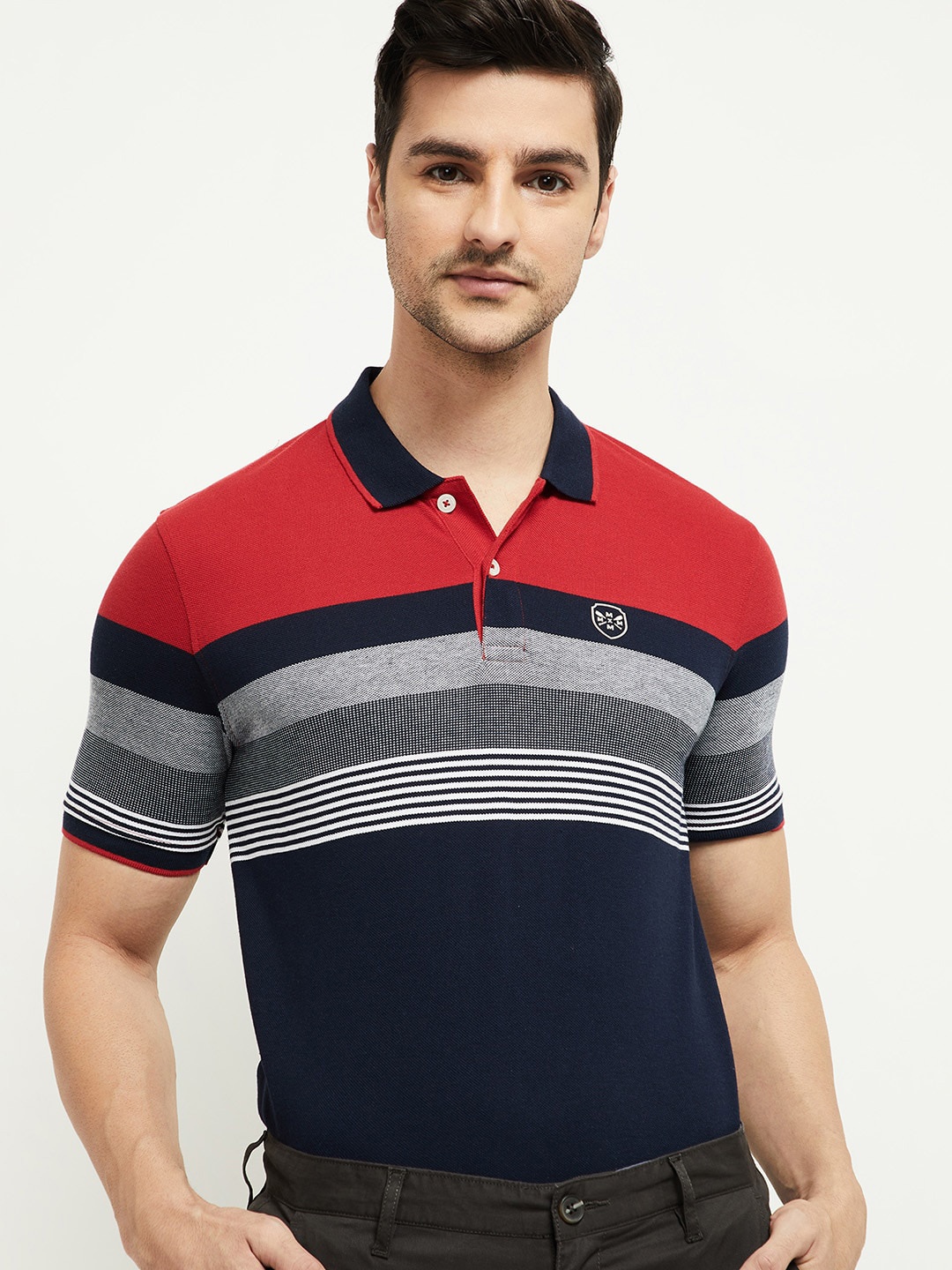 

max Men Red & Navy Blue Striped Polo Collar T-shirt