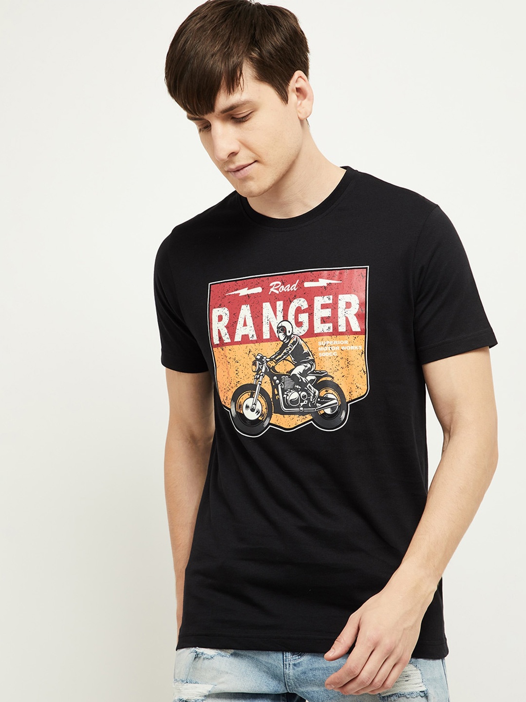 

max Men Black Biker Printed Raw Edge Pure Cotton T-shirt
