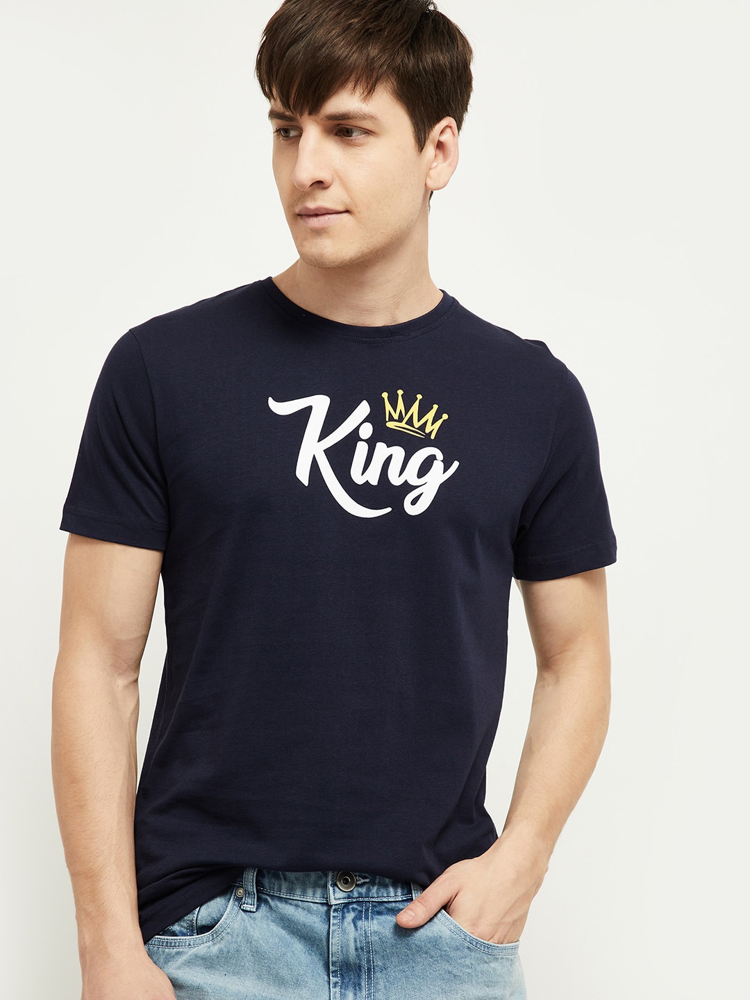 

max Men Navy Blue Printed T-shirt
