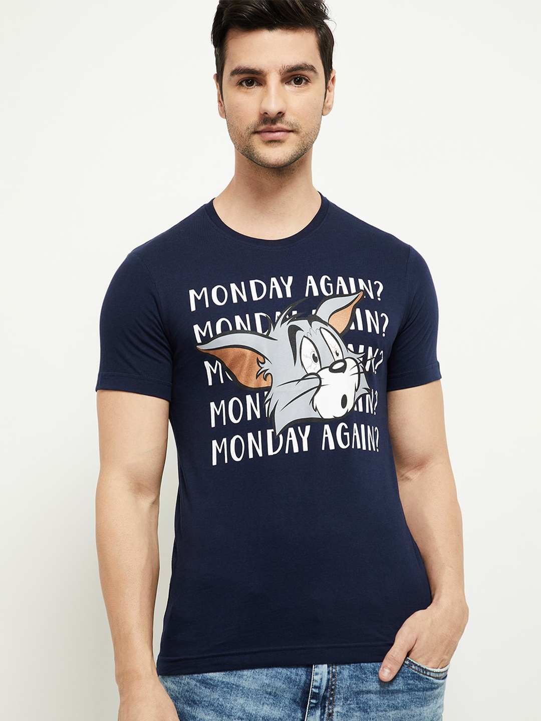 

max Men Navy Blue Tom & Jerry Printed T-shirt
