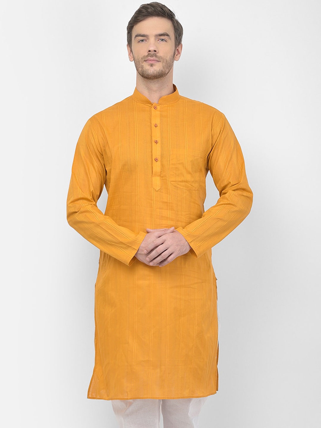 

SG LEMAN Men Mustard Yellow Thread Work Kurta