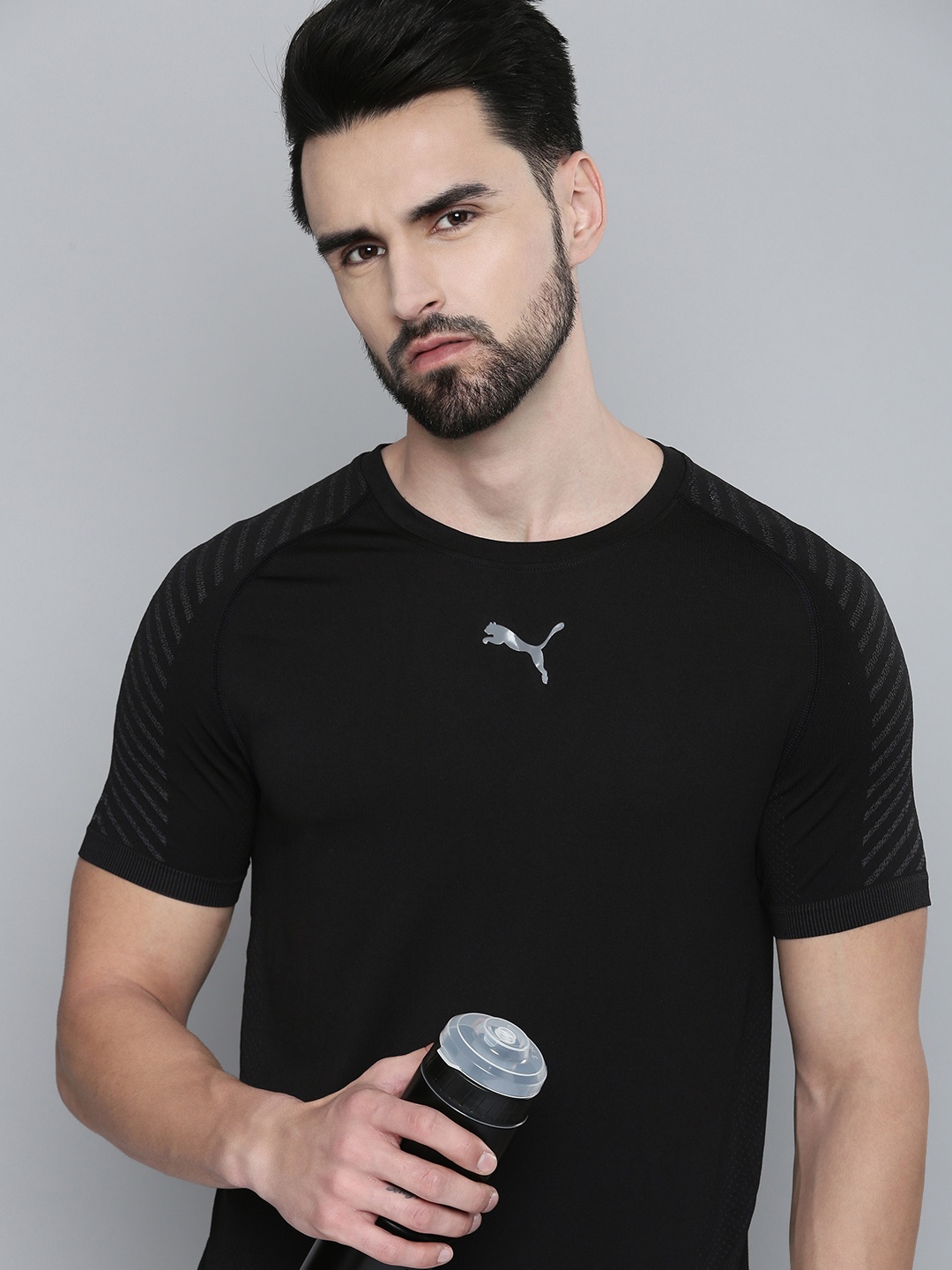 

Puma Men Black Brand Logo Printed Slim Fit FORMKNIT SEAMLESS Training T-shirt