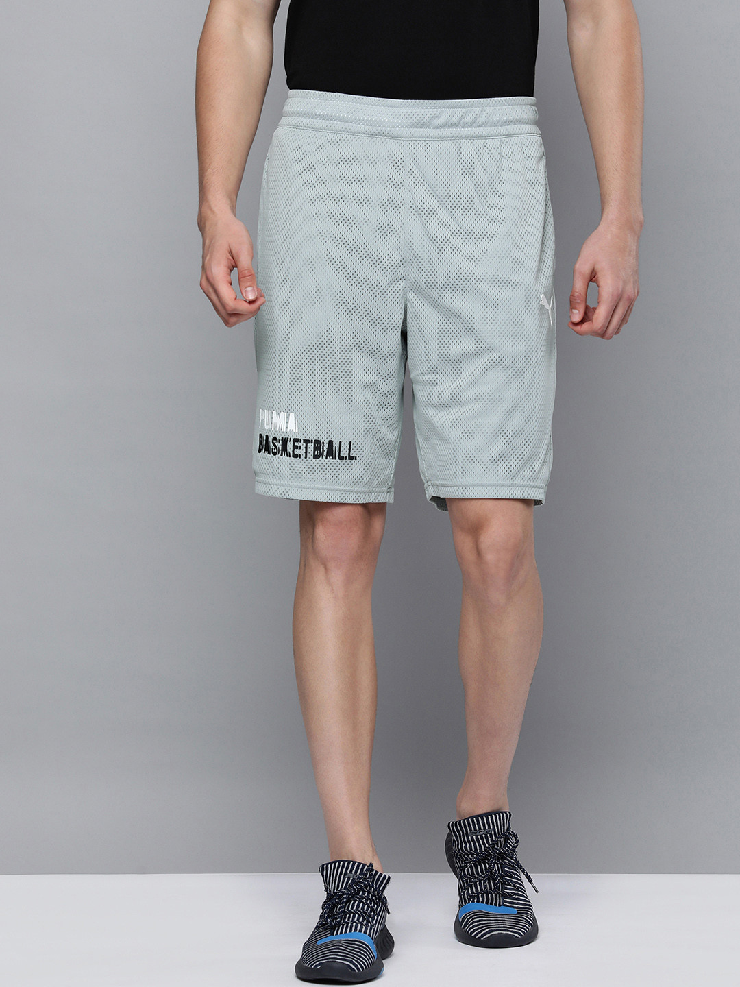 

PUMA Hoops Grey Typography Printed Mesh Practice Knitted Men's Sustainable Shorts