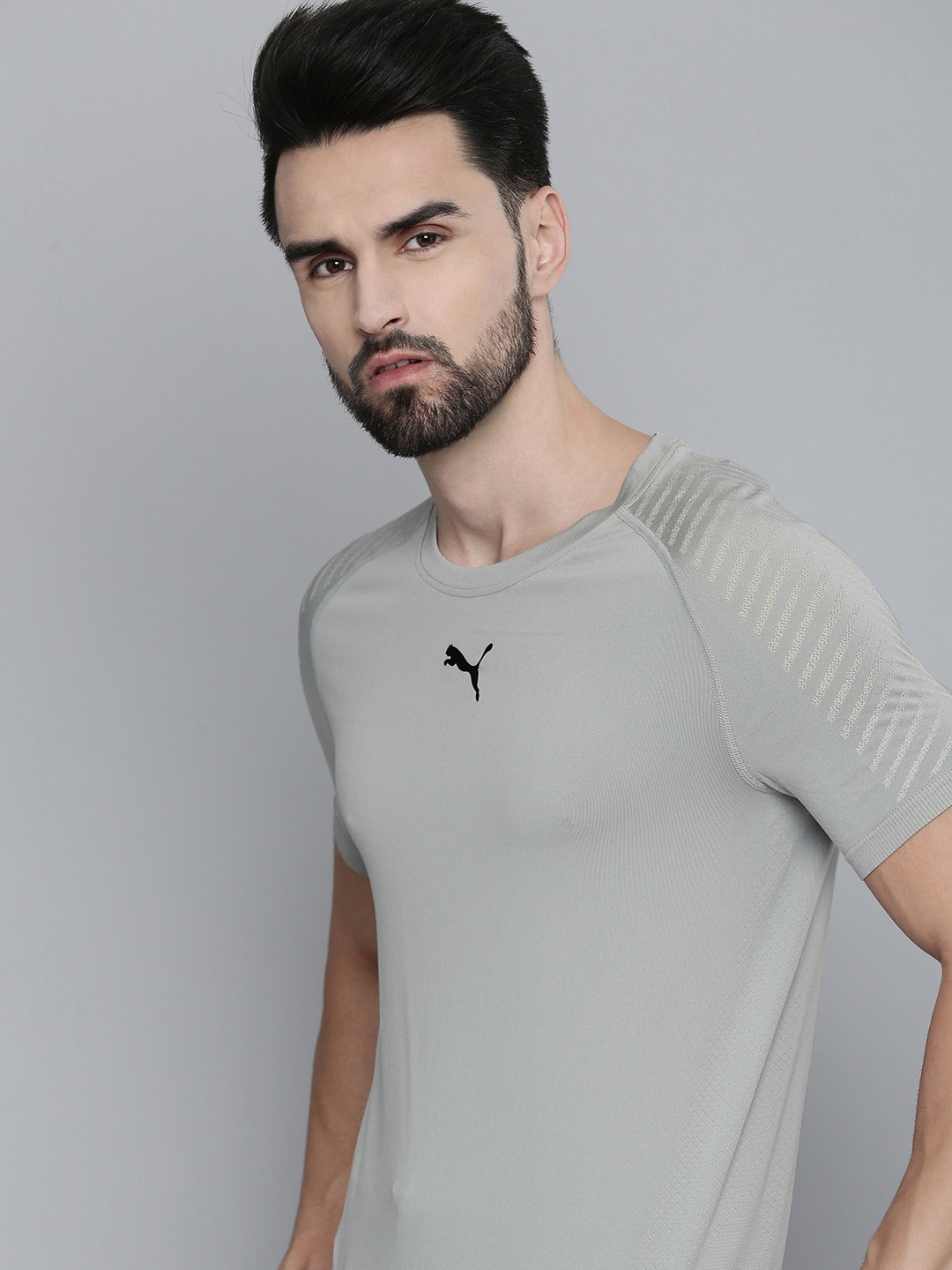 

Puma Men Grey Brand Logo Printed Slim Fit Training or Gym T-shirt