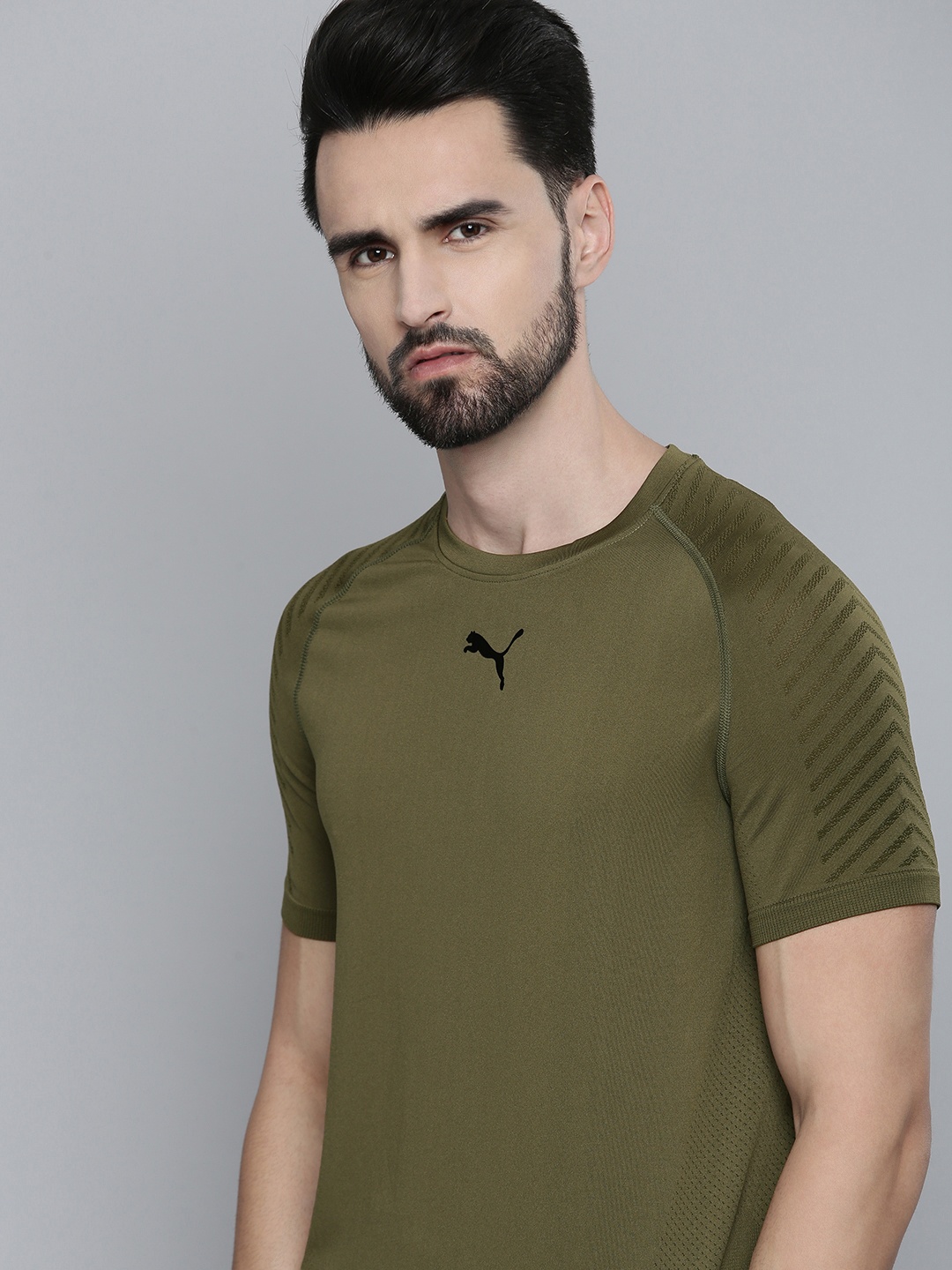 

Puma Men Olive Green Brand Logo Printed Slim Fit Training or Gym T-shirt