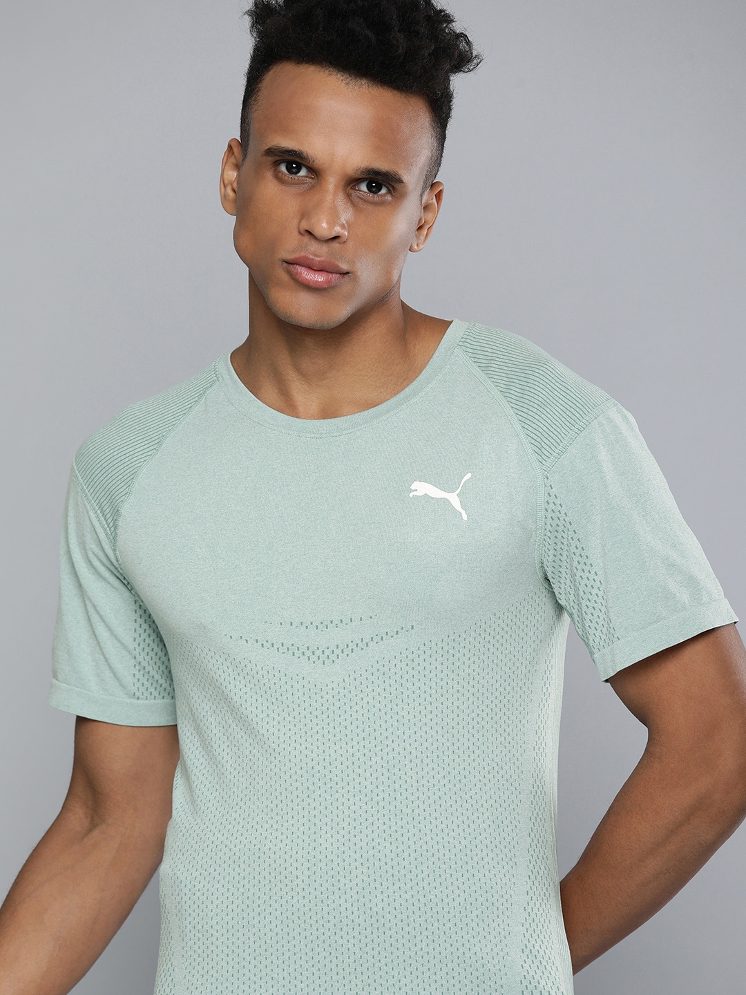 

Puma Men Mineral Blue Colourblocked Printed Slim Fit Training or Gym T-shirt