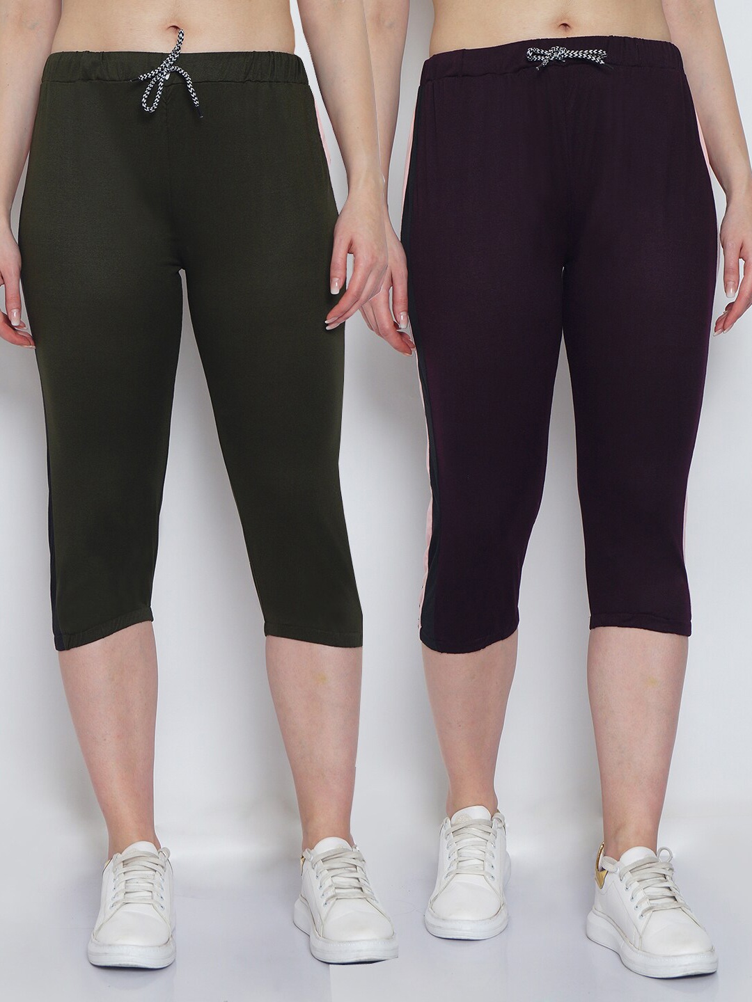 

GRACIT Women Pack-2 Green & Black Striped Capris