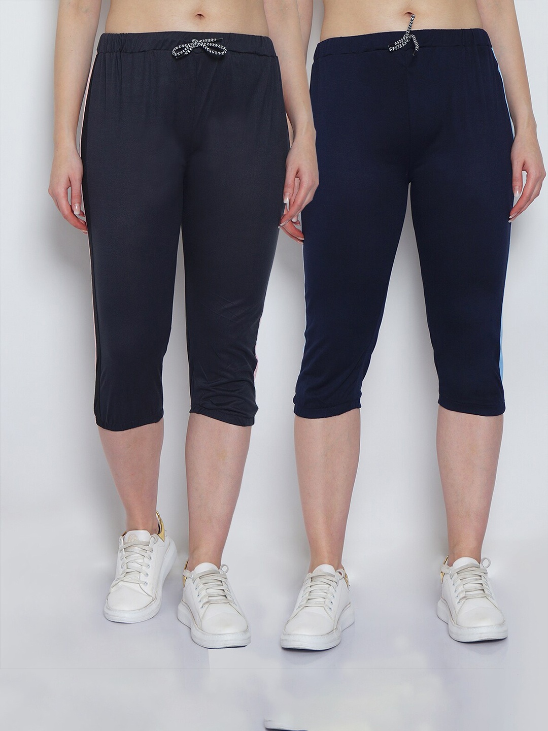 

GRACIT Women Pack Of 2 Grey & Navy Blue Solid Slim Fit Capri