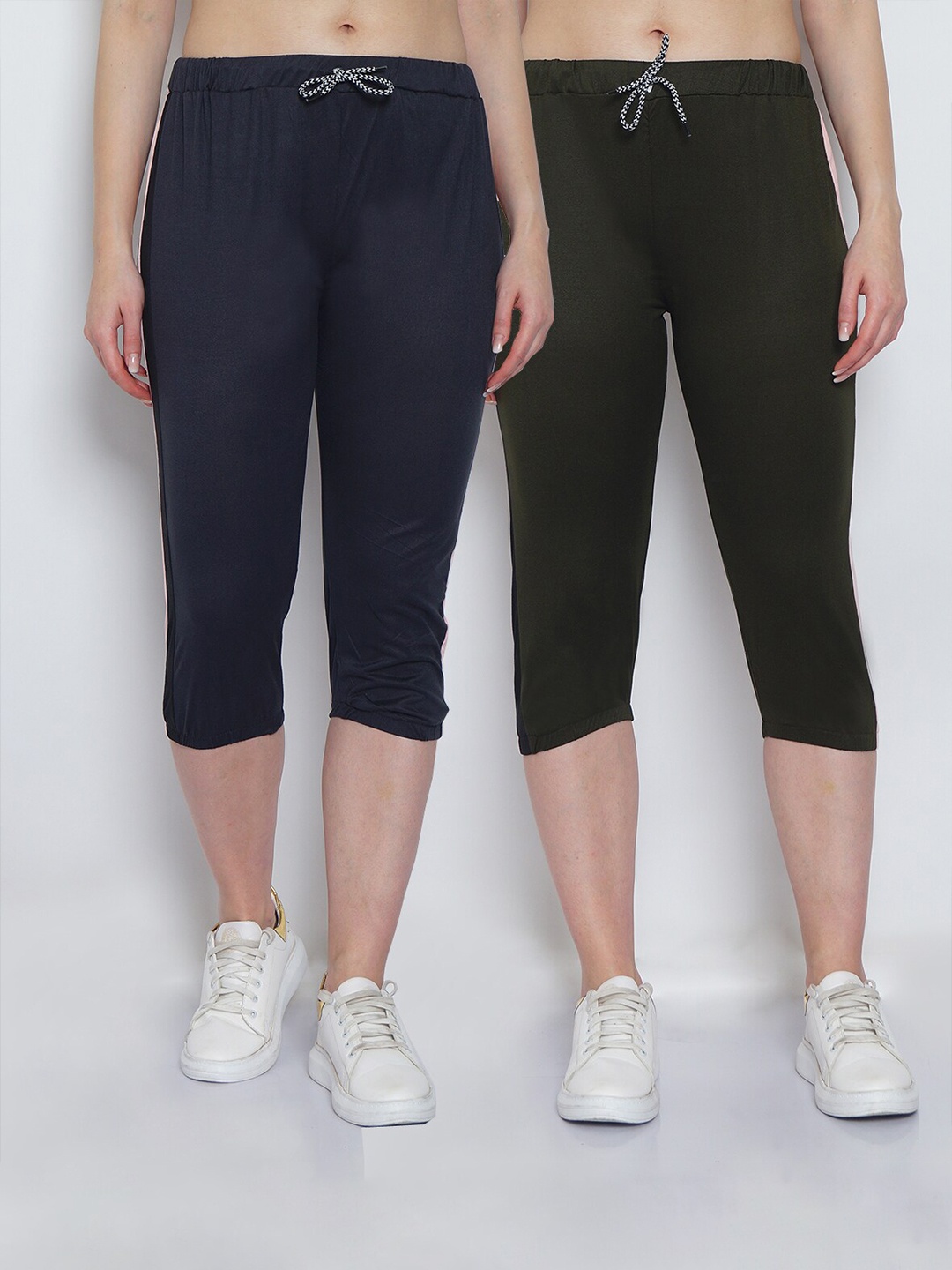 

GRACIT Women Pack-2 Grey & Green Striped Capris