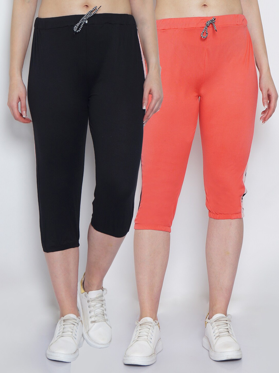 

GRACIT Women Pack Of 2 Black & Peach-Coloured Capris