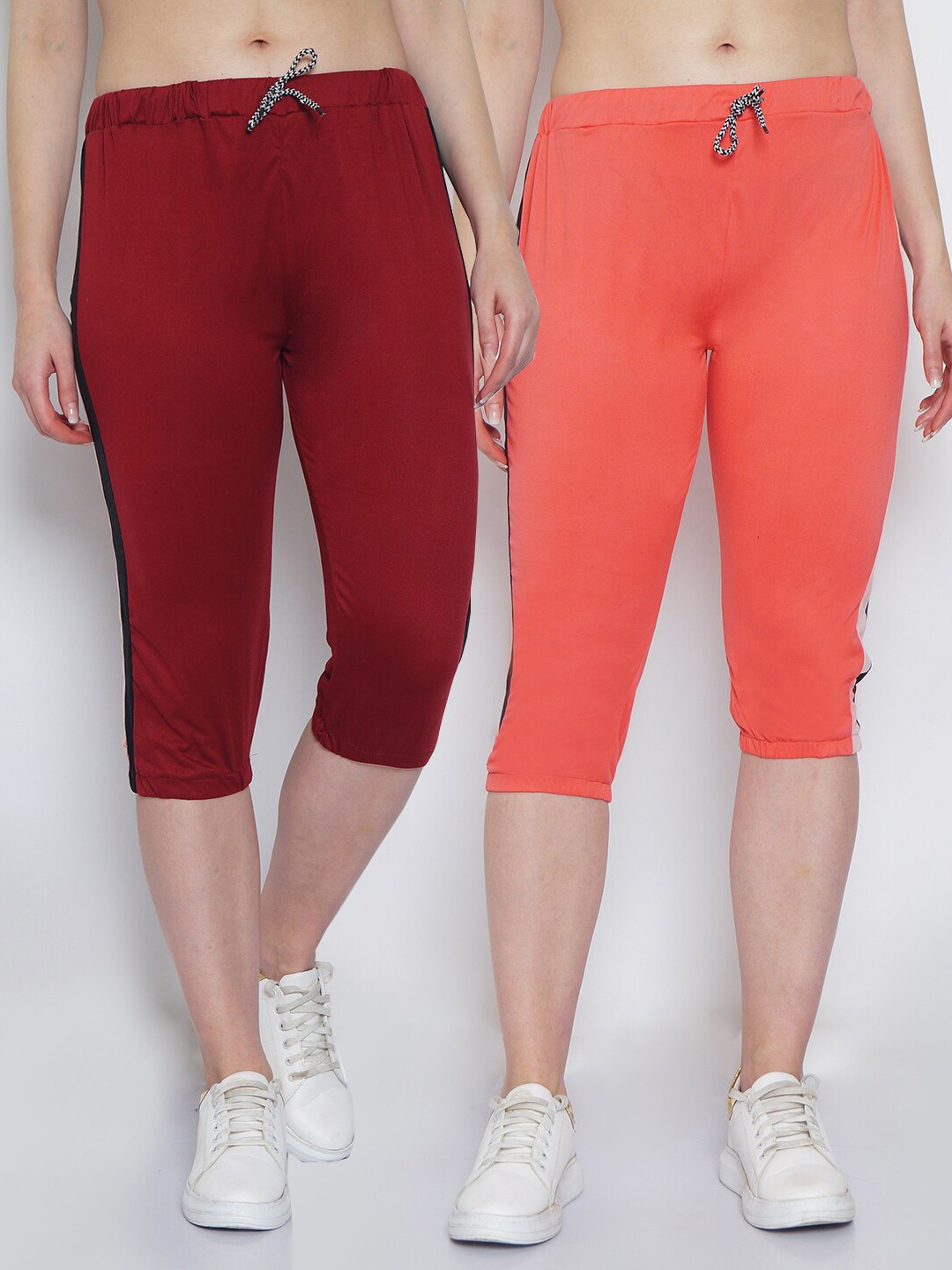 

GRACIT Women Pack Of 2 Maroon & Orange Solid Slim Fit Capri