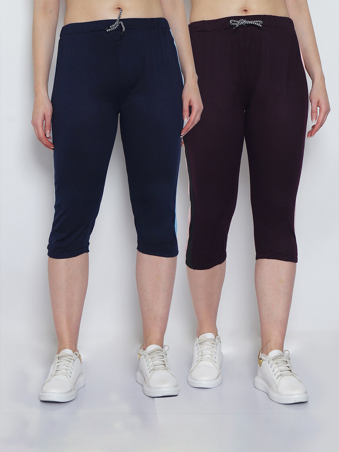 

GRACIT Women Pack-2 Navy Blue & Brown Striped Capris
