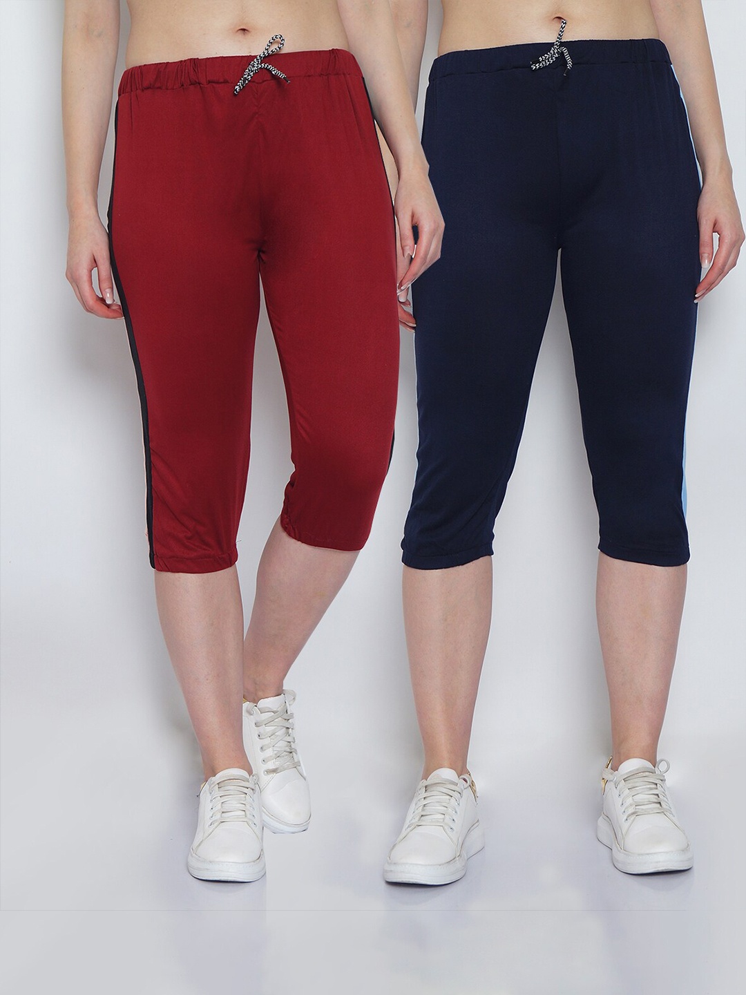 

GRACIT Women Pack-2 Maroon & Navy Blue Striped Capris