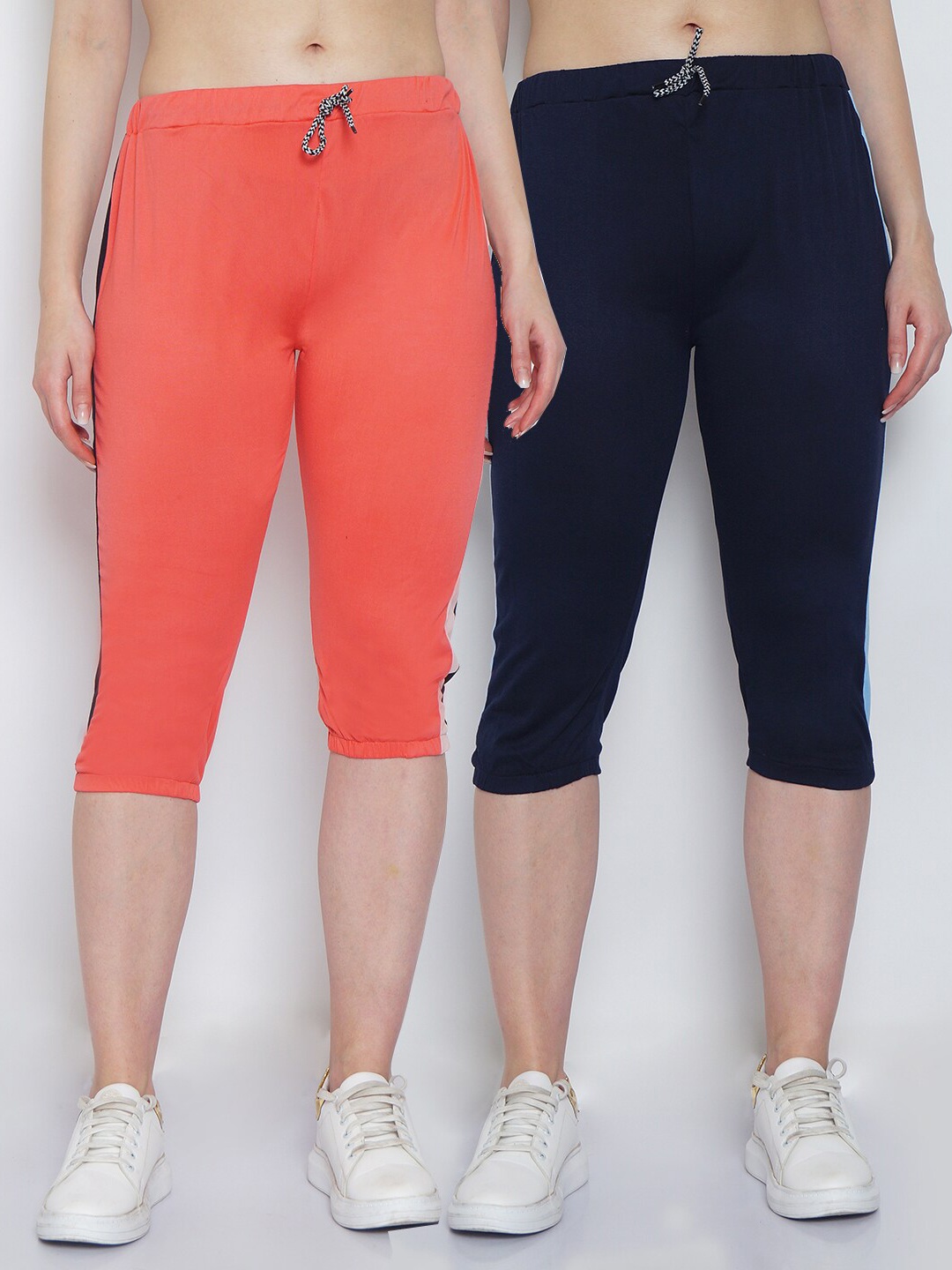 

GRACIT Women Pack of 2 Striped Capris, Orange
