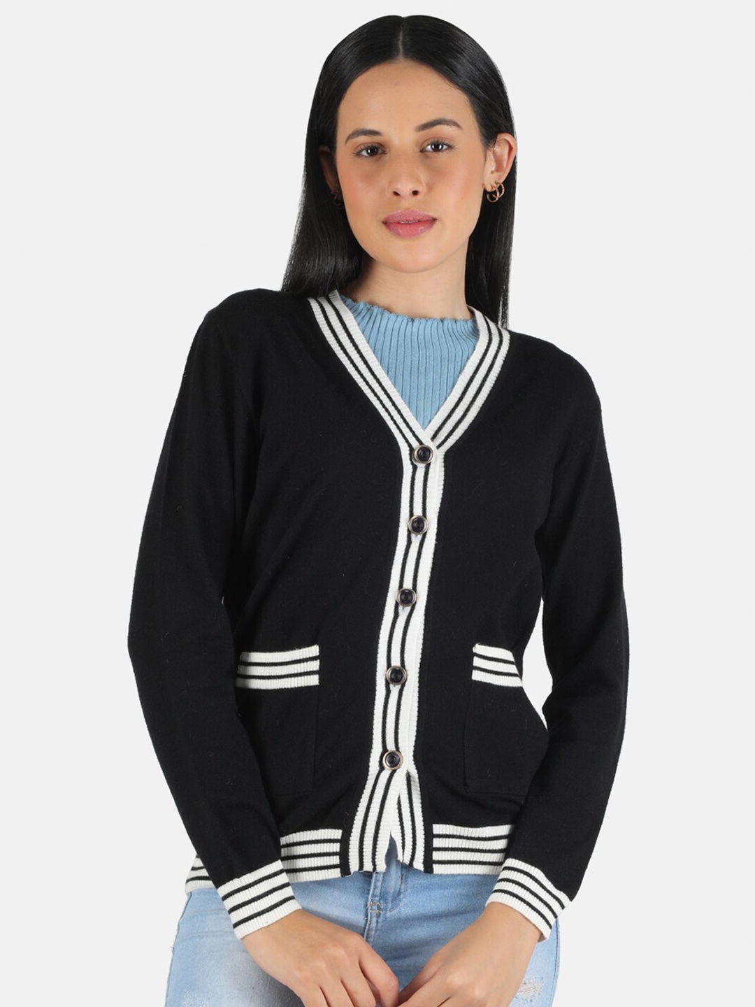 

Monte Carlo Women Black & White Striped Cardigan