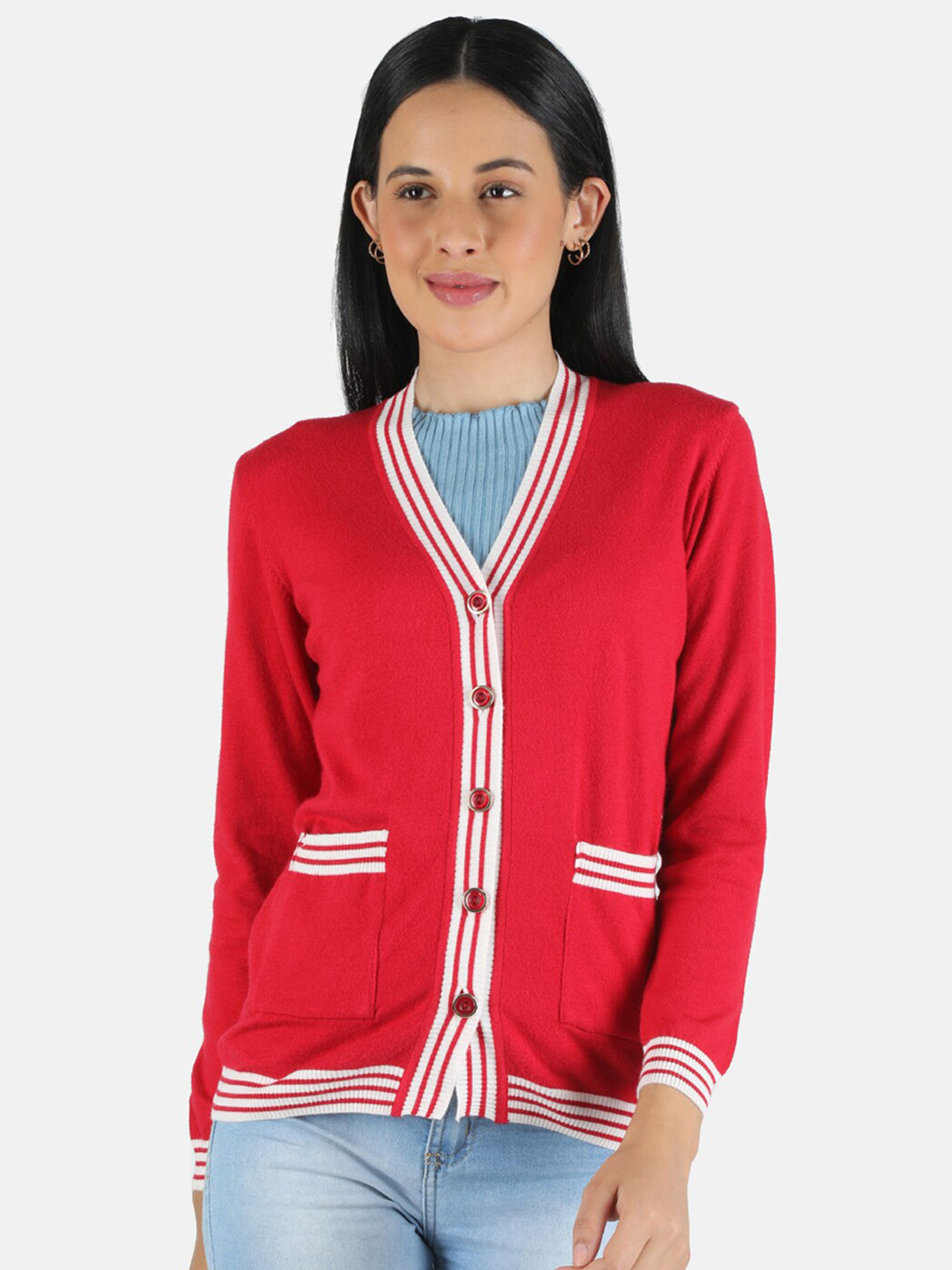 

Monte Carlo Women Red & White Woolen Cardigan