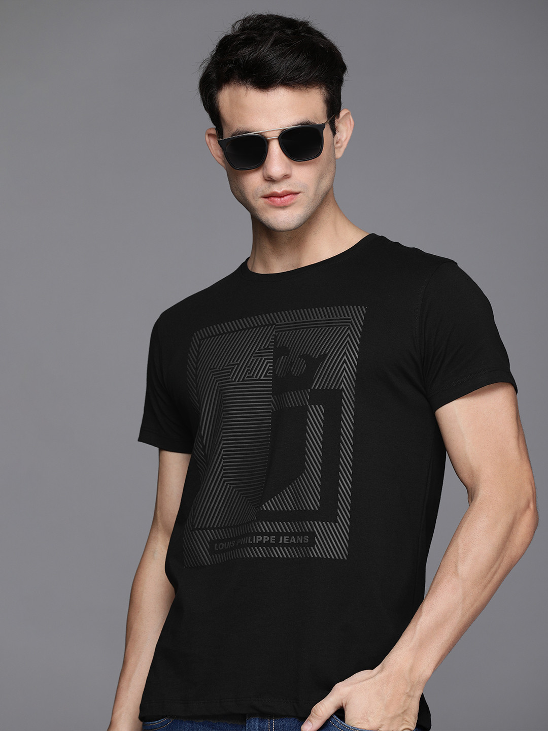 

Louis Philippe Jeans Men Black Graphic Printed Pure Cotton Slim Fit Casual T-shirt