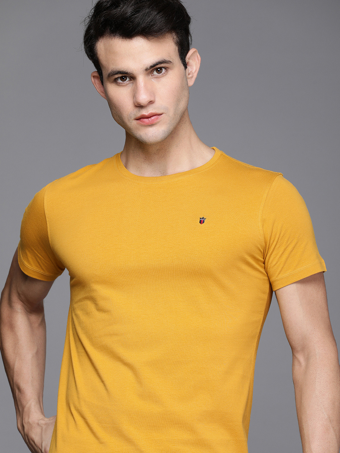 

Louis Philippe Jeans Men Mustard Yellow Solid Pure Cotton Slim Fit Casual T-shirt