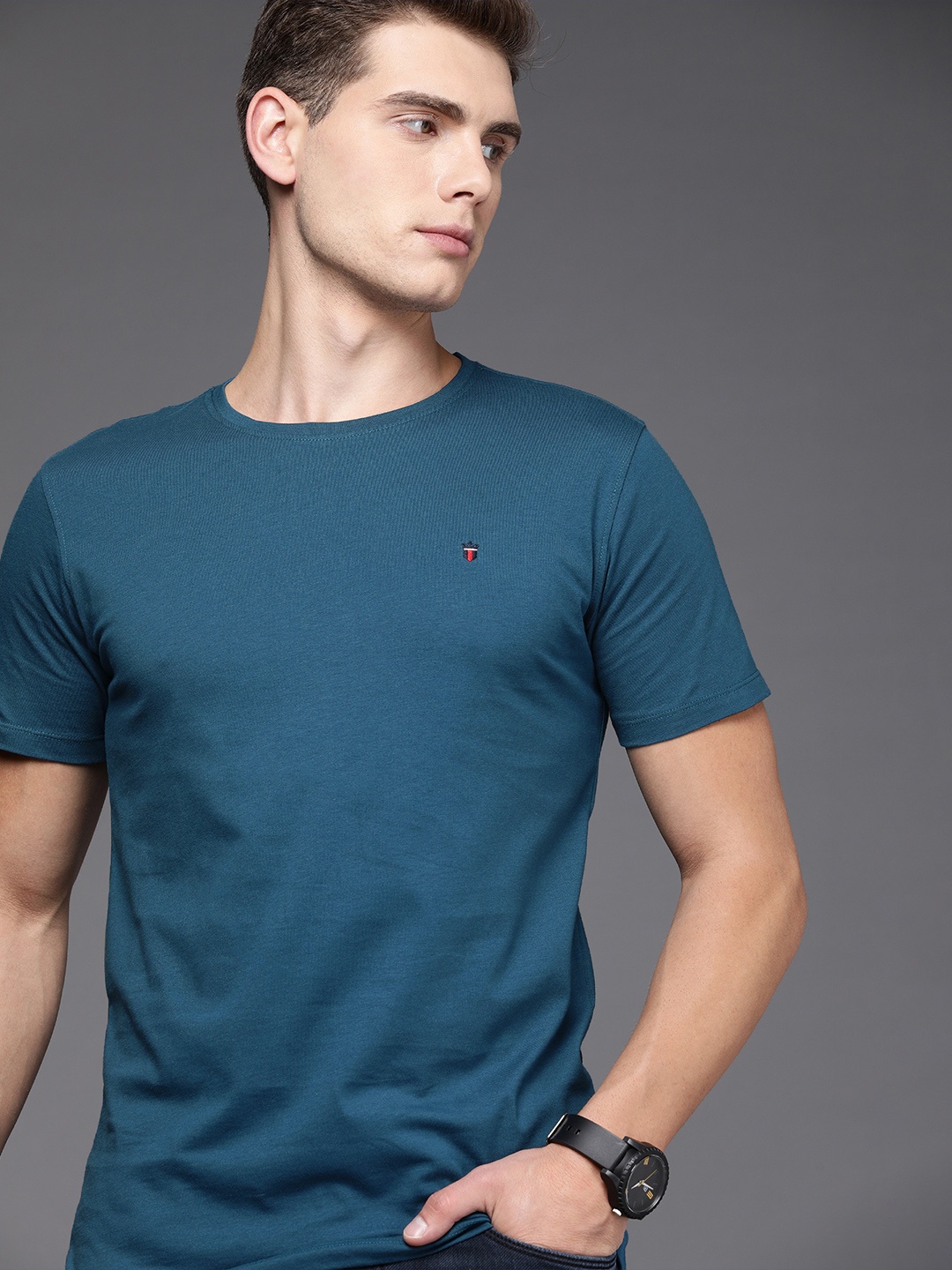 

Louis Philippe Jeans Men Blue Solid Slim Fit Pure Cotton T-shirt