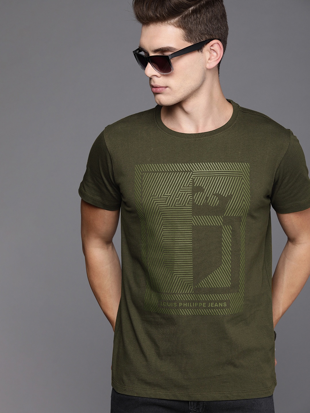 

Louis Philippe Jeans Men Olive Green Brand Logo Printed Slim Fit Pure Cotton T-shirt