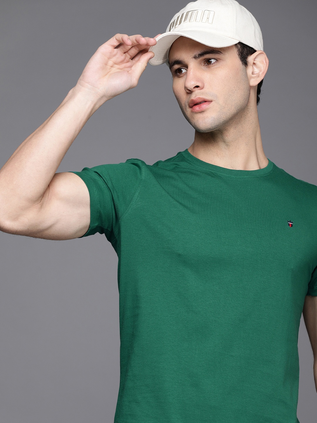 

Louis Philippe Jeans Men Green Solid Pure Cotton Slim Fit Casual T-shirt