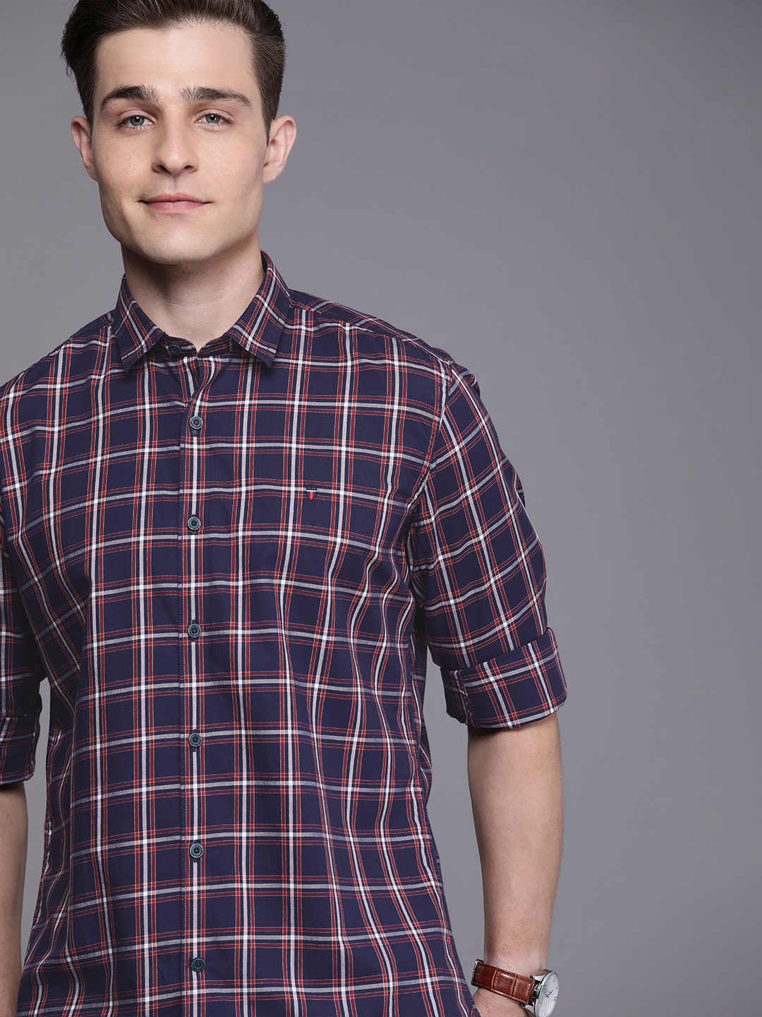 

Louis Philippe Sport Men Navy Blue And Red Slim Fit Tartan Checked Casual Shirt
