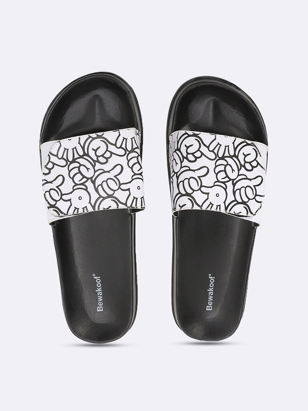 

Bewakoof Men Black & White Happy Hands Printed Adjustable Rubber Sliders