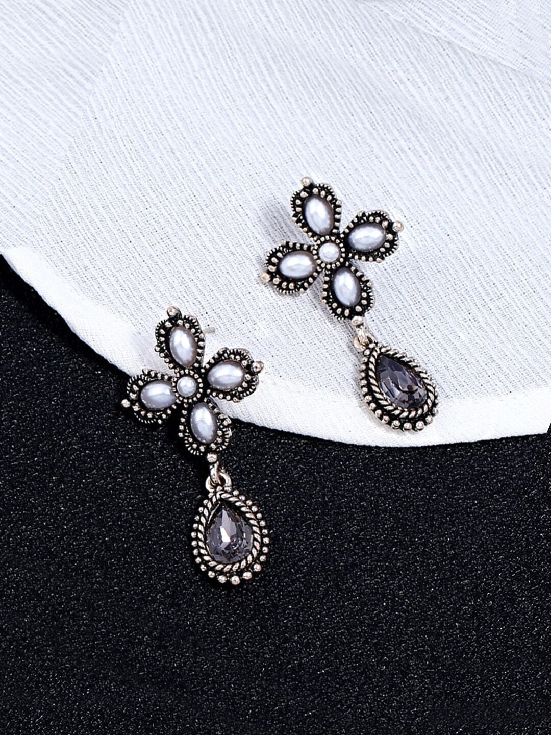 

Yellow Chimes Oxidised Silver-Plated Floral Drop Earrings, Black