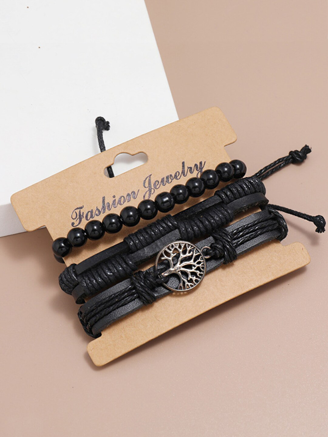

Yellow Chimes Men 3 Black Leather Wraparound Bracelet
