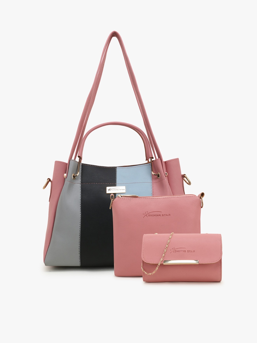 

SHINING STAR Peach-Coloured Colourblocked PU Shopper Handheld Bag