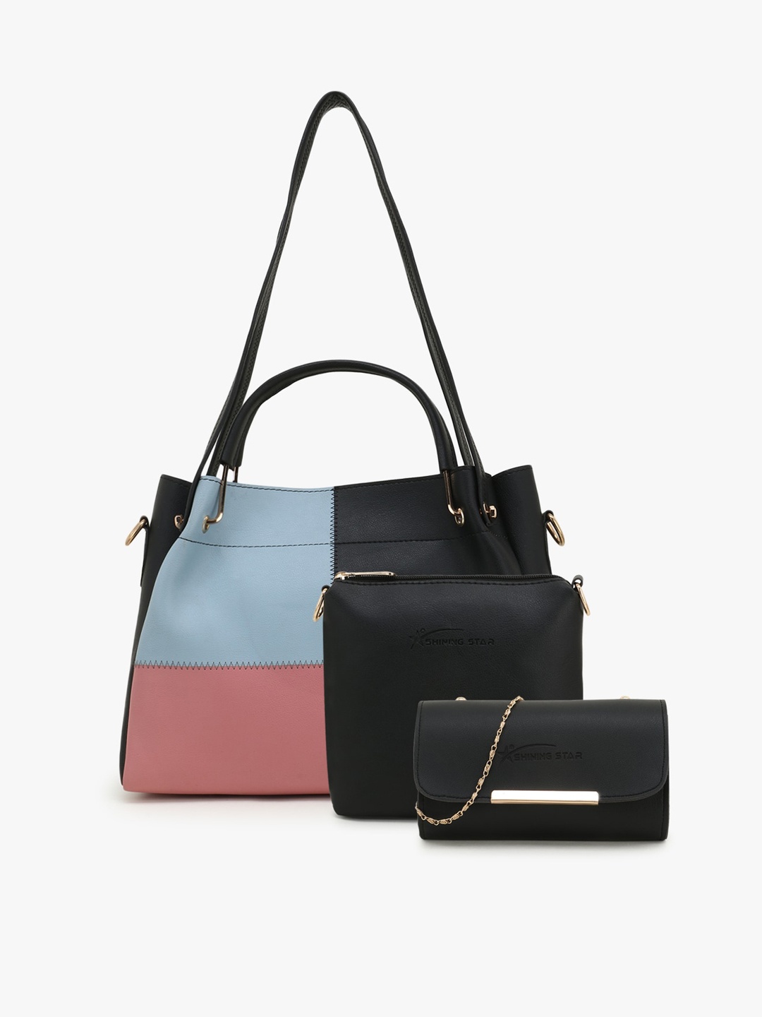 

SHINING STAR Black Colourblocked PU Structured Handheld Bag