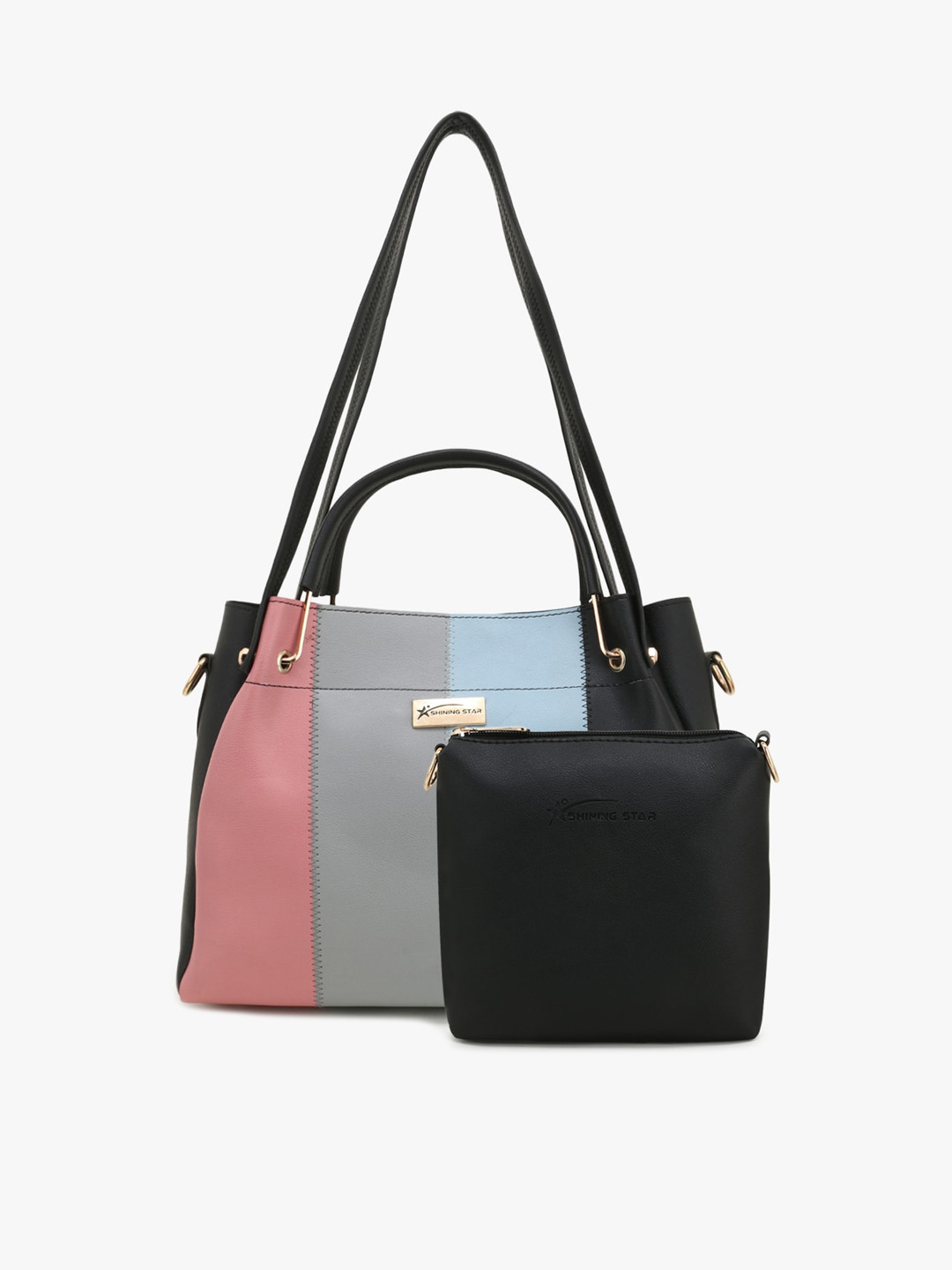 

SHINING STAR Black Colourblocked PU Shopper Handheld Bag