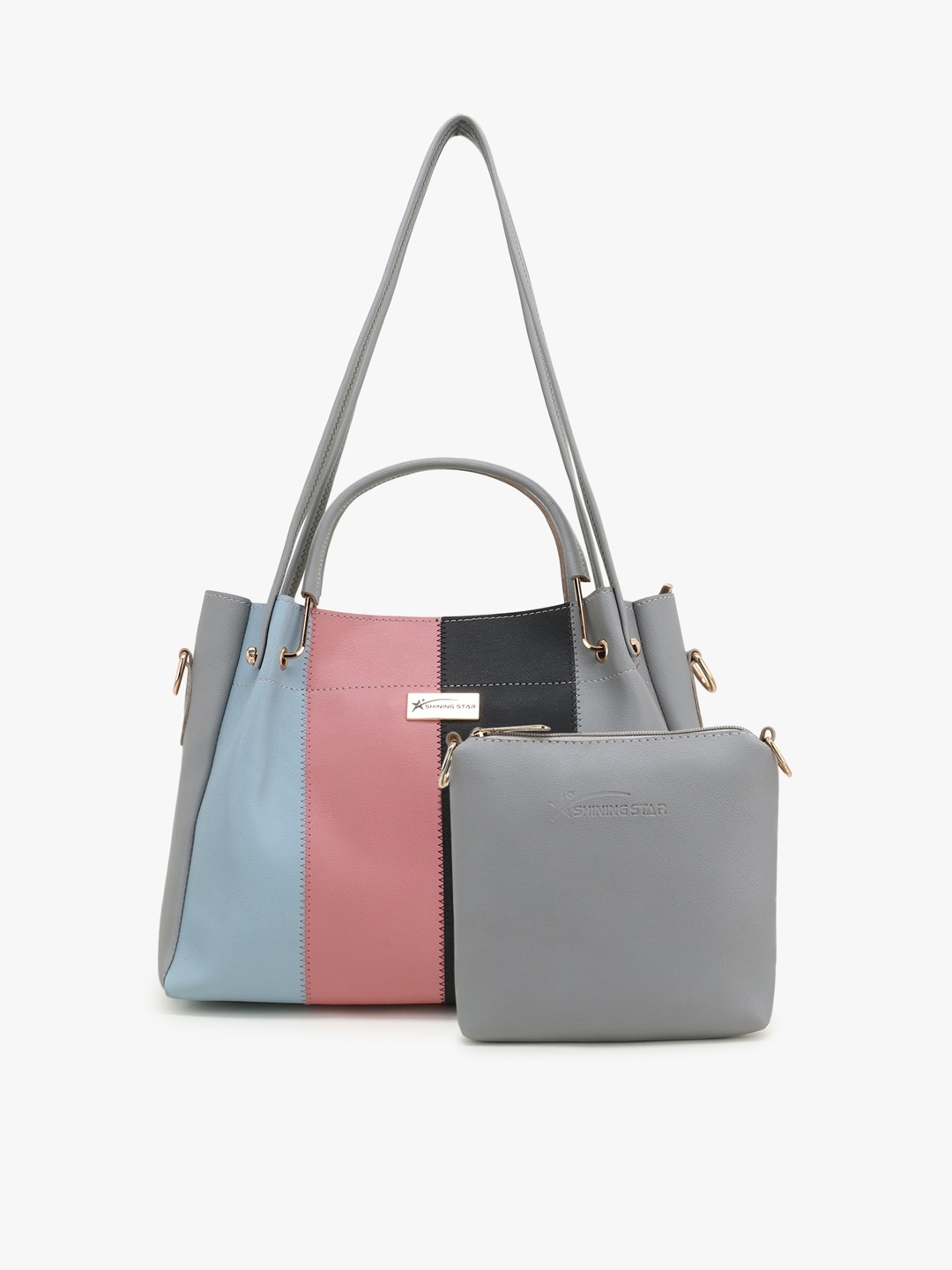 

SHINING STAR Grey Colourblocked PU Shopper Handheld Bag
