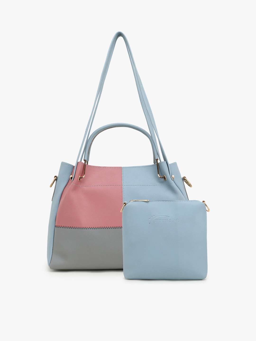 

SHINING STAR Blue Colourblocked PU Oversized Structured Shoulder Bag