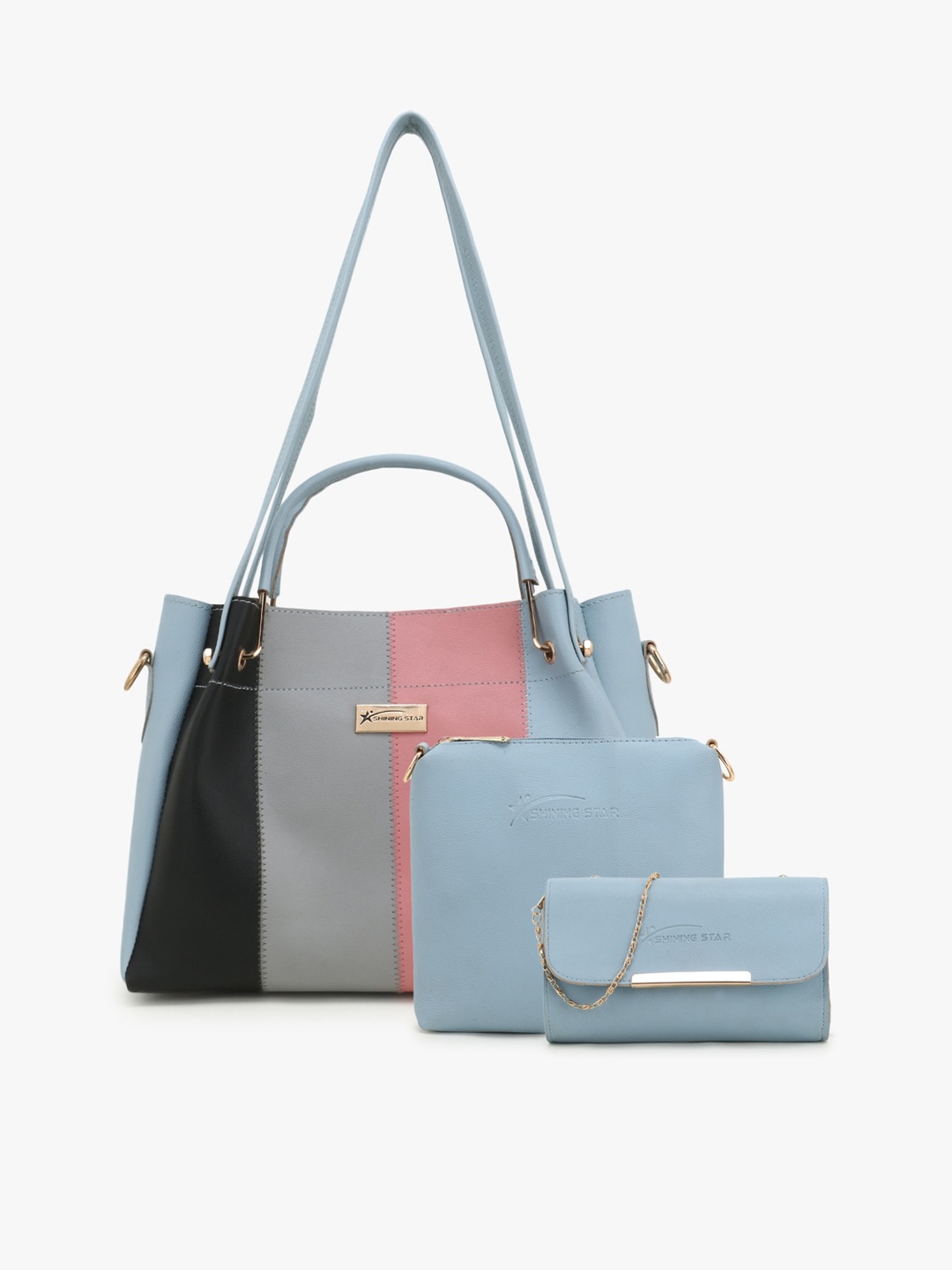 

SHINING STAR Blue Colourblocked PU Shopper Handheld Bag