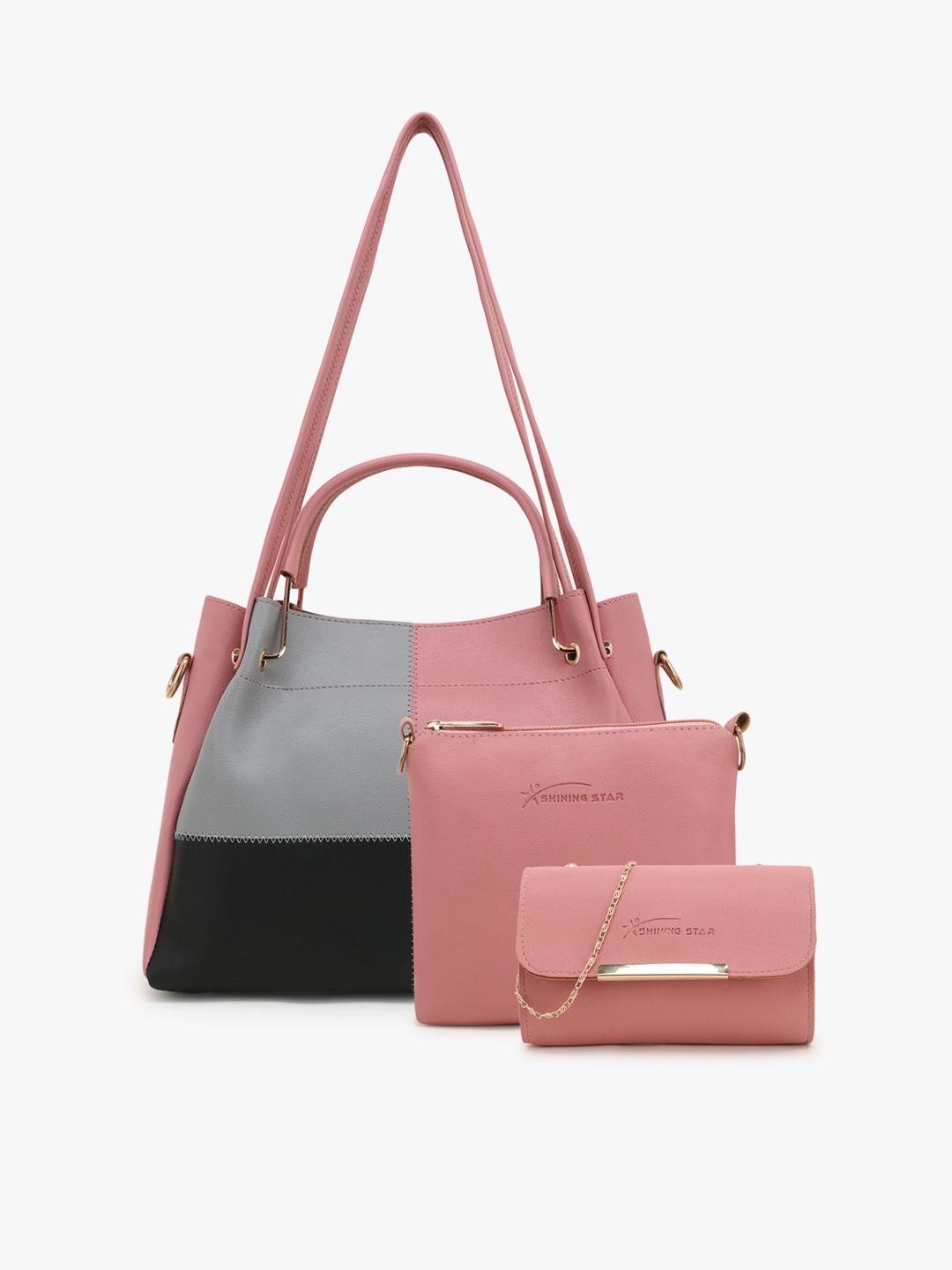 

SHINING STAR Peach-Coloured Colourblocked PU Shopper Handheld Bag