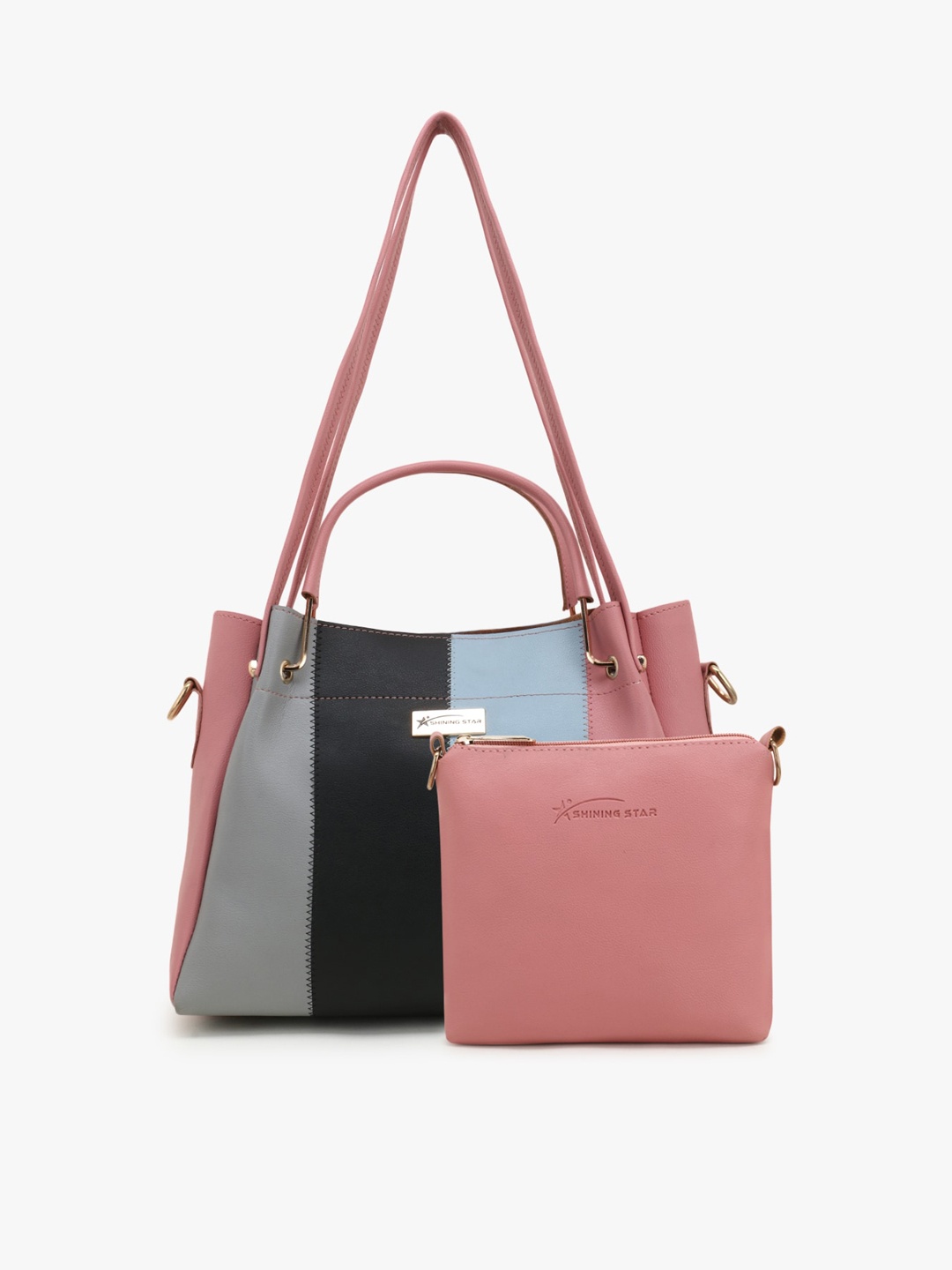 

SHINING STAR Peach-Coloured Colourblocked PU Structured Handheld Bag