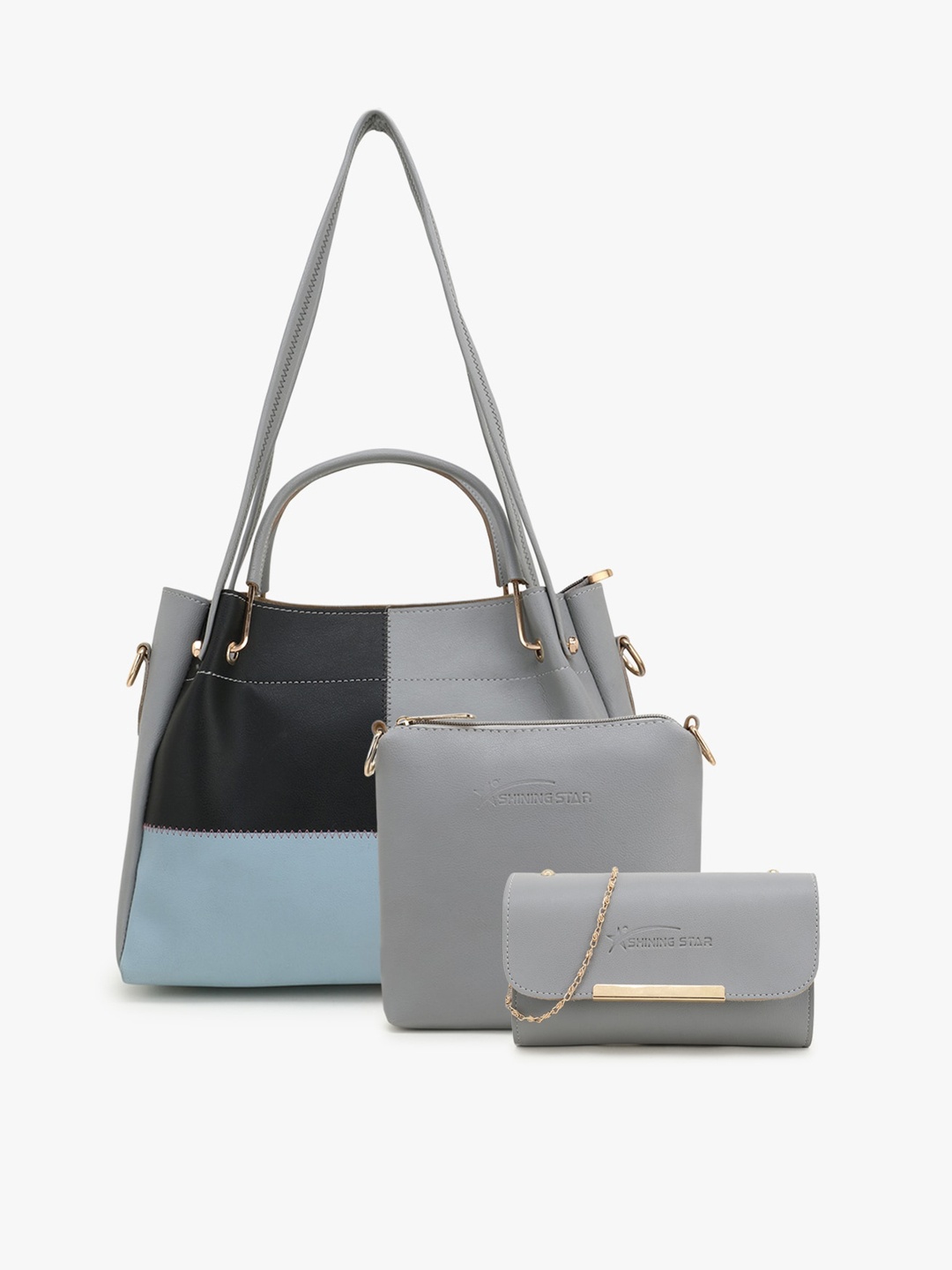 

SHINING STAR Grey Colourblocked PU Structured Shoulder Bag